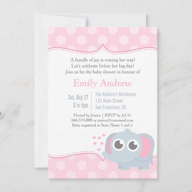 Baby Elephant Polka Dots Pink Baby Shower Invitation (Front)