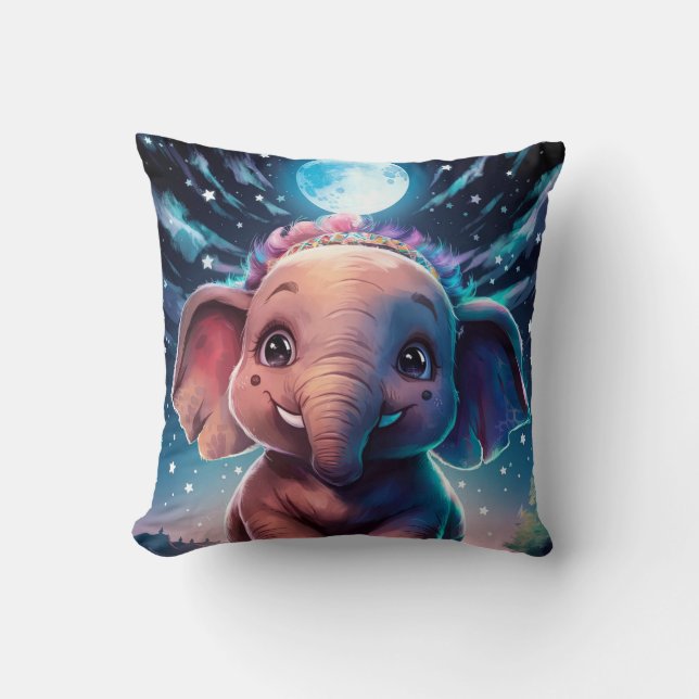 Baby Elephant Posing under Full Moon Light Throw Pillow (Front)