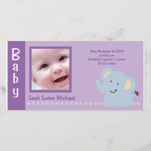 Baby Elephant Purple 4x8 PHOTO Birth announcement