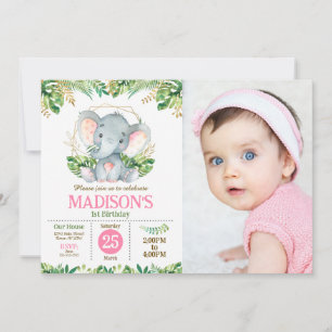 Baby Elephant Safari Jungle Party 1st Birthday Invitation