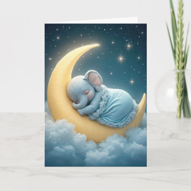Baby Elephant Sleeping On a Crescent Moon Card (Front)