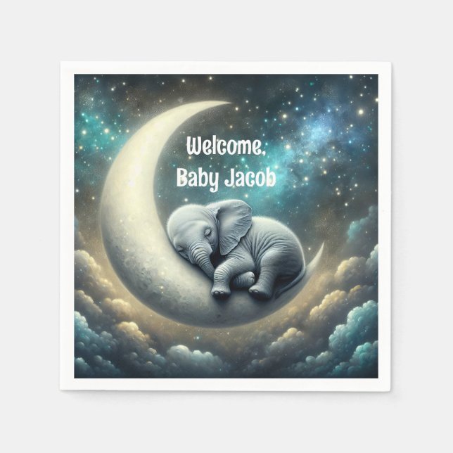 Baby Elephant Sleeping On Crescent Moon Napkin (Front)
