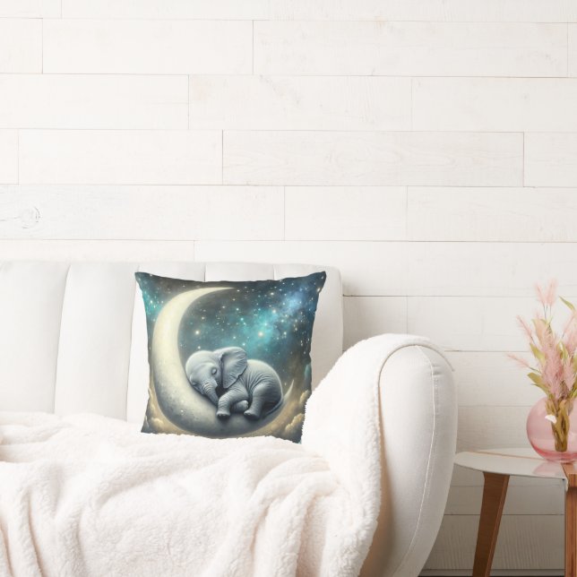 Baby Elephant Sleeping On Crescent Moon Throw Pillow (Couch)