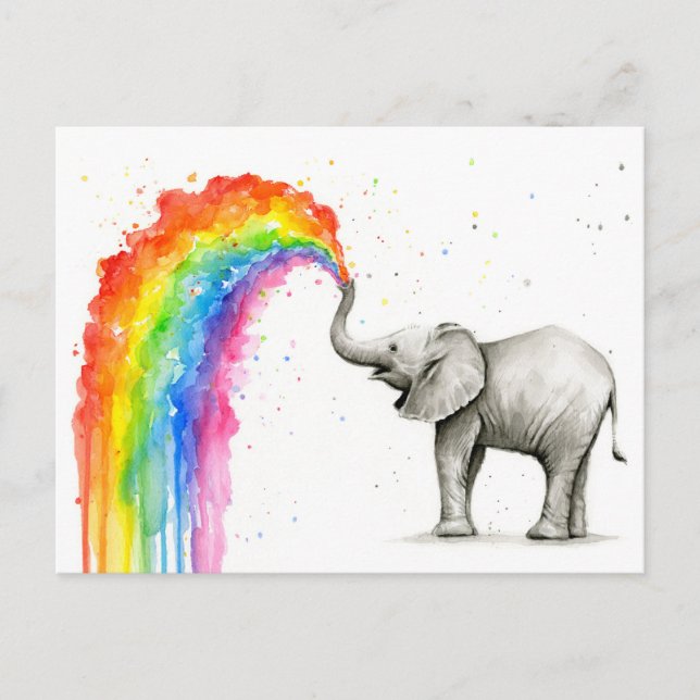 Baby Elephant Spraying Rainbow Card Stationery (Front)