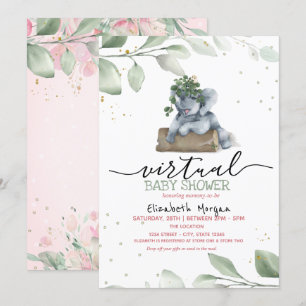 Baby Elephant Stars Leaves Virtual Baby Shower Invitation