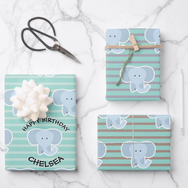 Baby Elephant Stripes Happy Birthday Set of Wrapping Paper Sheet (Front)