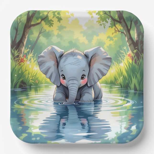 Baby Elephant Themed |  Birthday Party Paper Plate (Front)
