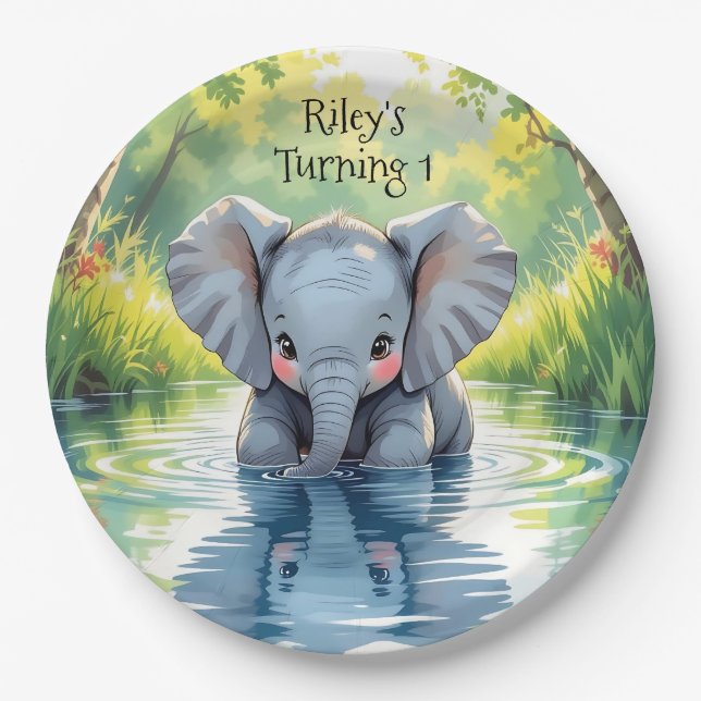 Baby Elephant Themed  Birthday Party Personalized Paper Plate (Front)