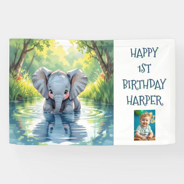 Baby Elephant Themed Personalized Birthday Party Banner (Horizontal)