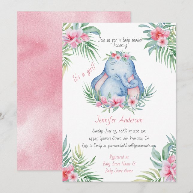 Baby Elephant Tropical Floral Baby Girl Shower Invitation (Front/Back)