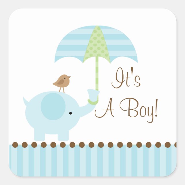 Baby Elephant Umbrella It's A Boy Square Sticker (Front)