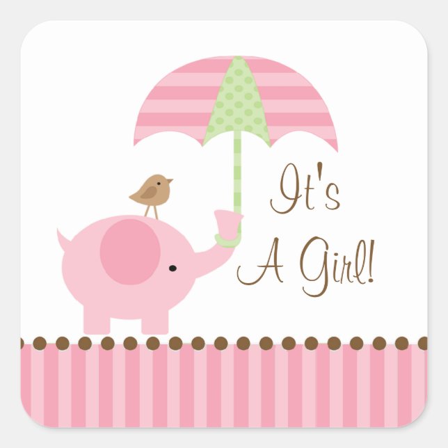Baby Elephant Umbrella It's A Girl Square Sticker (Front)