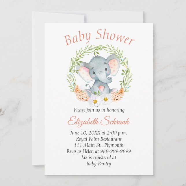 Baby Elephant Watercolor Baby Shower Invitation (Front)