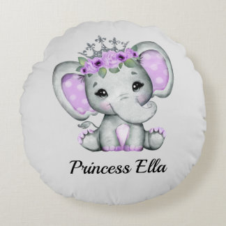 Baby Elephant with Flowers    Round Pillow