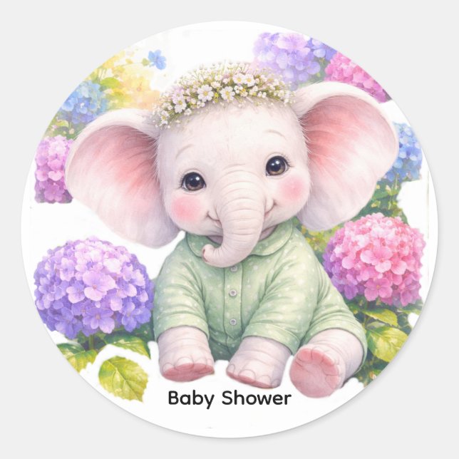 Baby Elephant with Hydrangeas Baby Shower  Classic Round Sticker (Front)