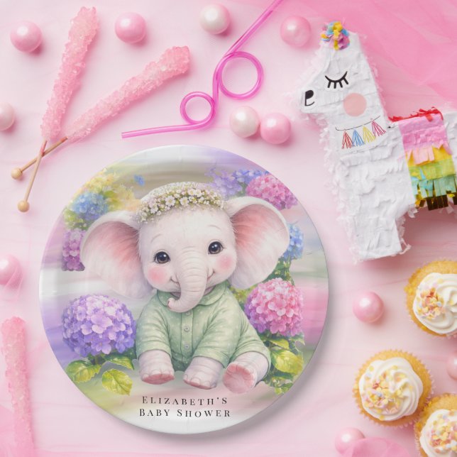 Baby Elephant with Hydrangeas Baby Shower  Paper Plate (Party)