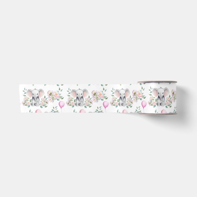 Baby Elephant With Peonies & Balloon Baby Shower  Satin Ribbon (Front)