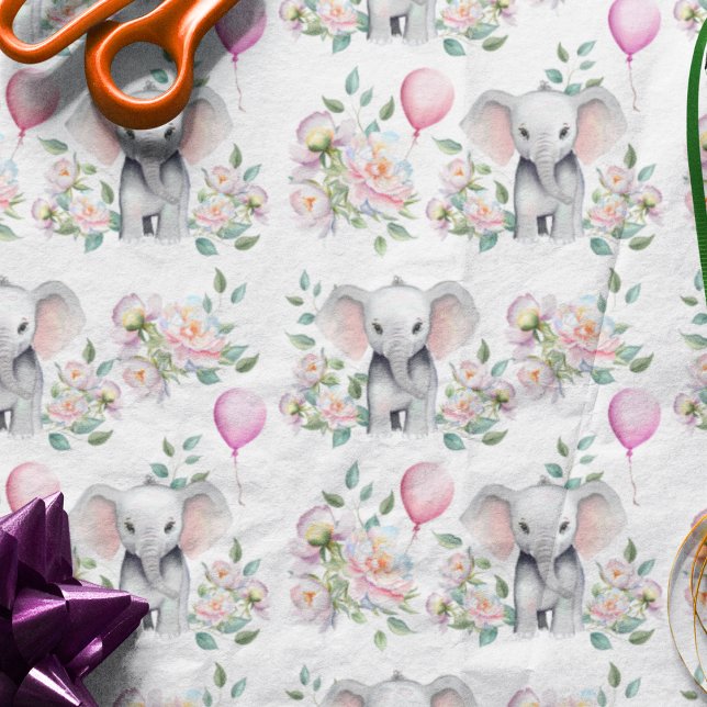 Baby Elephant With Peonies & Balloon Baby Shower  Tissue Paper (Fill your favor boxes or gift bags with this adorable tissue paper that matches this shower theme.)