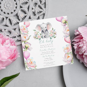 Baby Elephant With Peonies & Balloons Baby Shower Invitation
