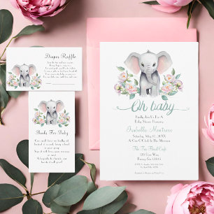 Baby Elephant With Peonies, Eucalyptus Baby Shower Invitation