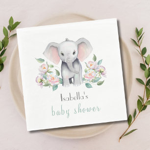 Baby Elephant With Peonies, Eucalyptus Napkin