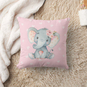 Baby Elephant with pink heart background Throw Pillow