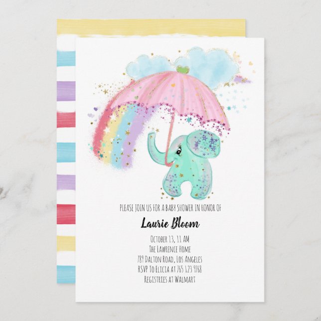 Baby Elephant with Rainbow Baby Shower Invitation (Front/Back)