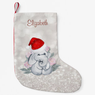 Baby Elephant With  Santa Hat,Flowers,Bokeh Small Christmas Stocking