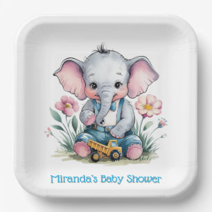 Baby Elephant with Truck Baby Shower Paper Plate