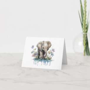 Baby Elephant with Water and Flowers BLANK Card