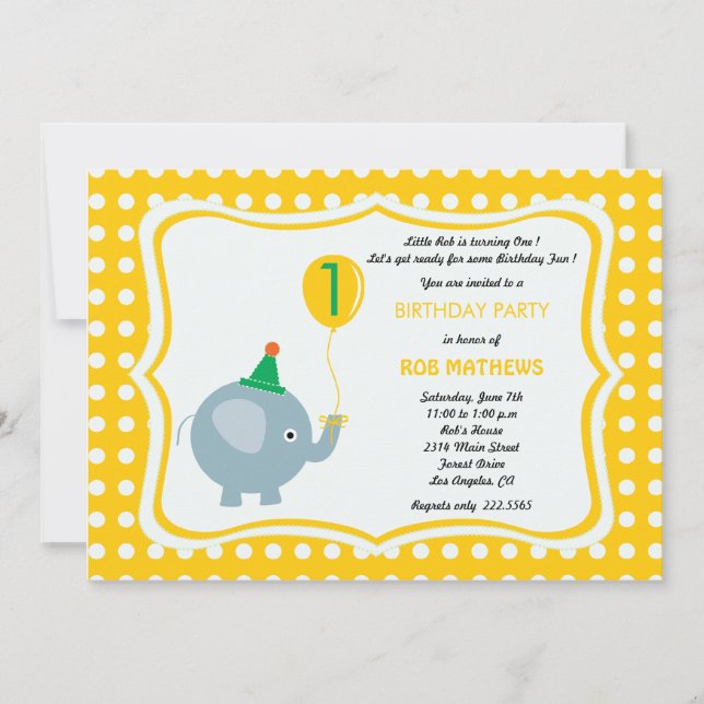 Baby elephant with  yellow polka dot background invitation (Front)