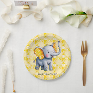 Baby Elephant Yellow Polka Dot Ears Baby Shower Paper Plate