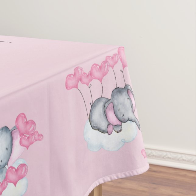 Baby Elephants and Pink Love Heart Balloons Custom Tablecloth (In Situ)