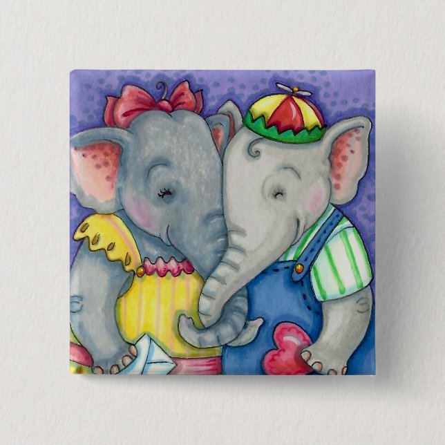 BABY ELEPHANTS FIRST LOVE, CUTE PACHYDERM FRIENDS 2 INCH SQUARE BUTTON (Front)