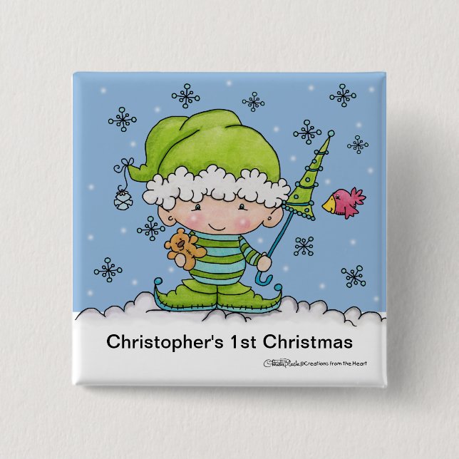 Baby Elf –Personalized !st  Christmas 2 Inch Square Button (Front)