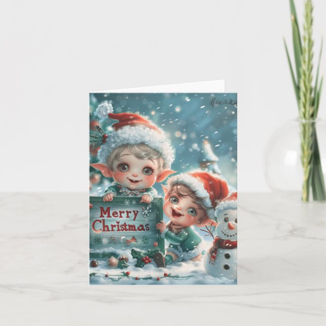Baby Elves Christmas Digital Art Holiday Card (Front)