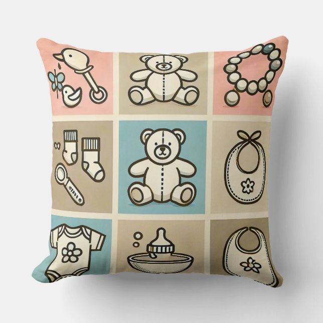 Baby Essentials Including Toys, Clothes Throw Pillow (Front)