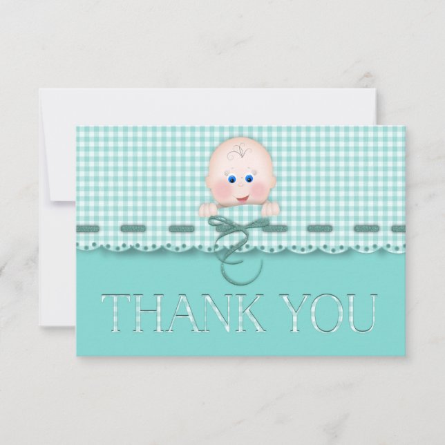 Baby Face  on Teal Gingham with Scallop Border Thank You Card (Front)