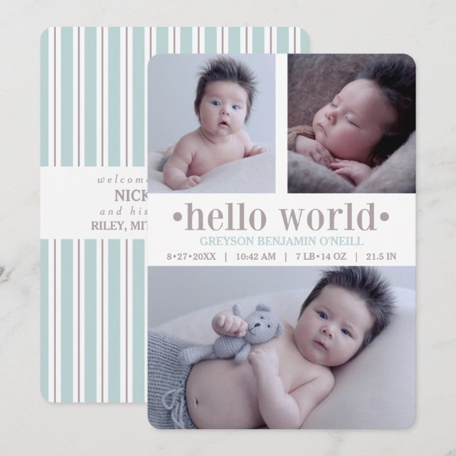 Baby Faire-part Hello World Taupe/Aqua 3 Photo (Devant / Derrière)