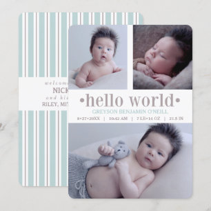 Baby Faire-part Hello World Taupe/Aqua 3 Photo