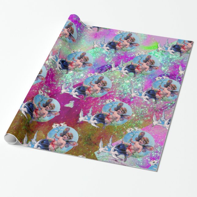 BABY FAIRY WITH DOVES IN PURPLE TEAL BLUE SPARKLES WRAPPING PAPER (Unrolled)