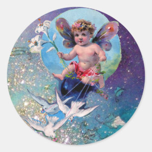 BABY FAIRY WITH DOVES IN SPARKLES blue green Classic Round Sticker