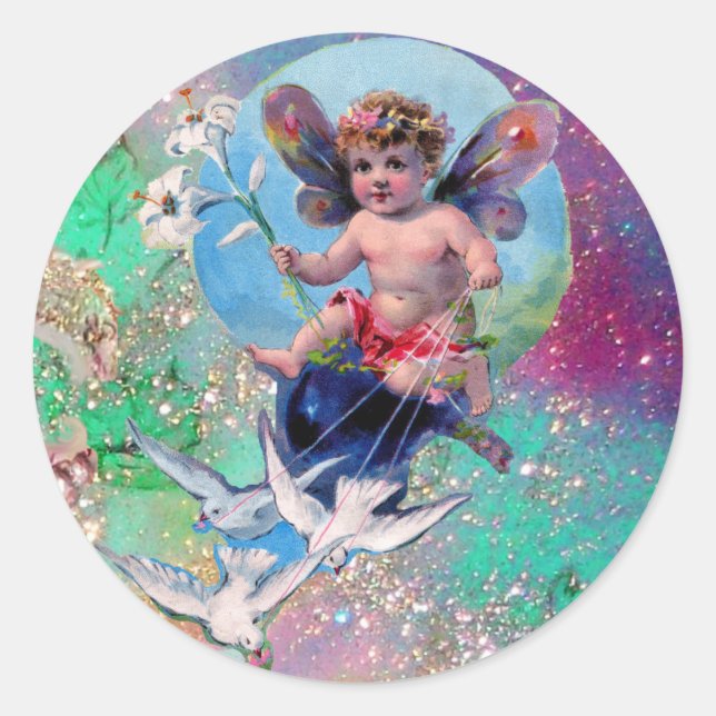 BABY FAIRY WITH DOVES IN SPARKLES blue green Classic Round Sticker (Front)