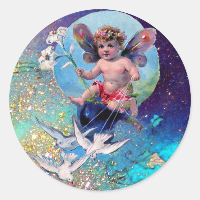 BABY FAIRY WITH DOVES IN SPARKLES blue green Classic Round Sticker (Front)