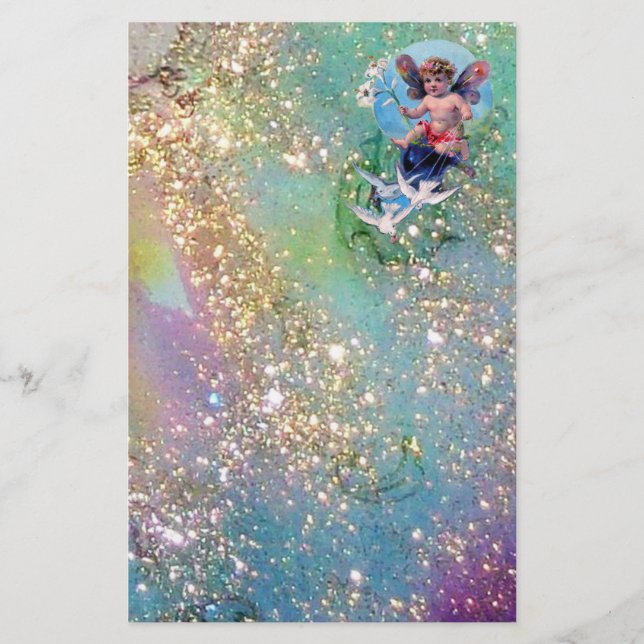 BABY FAIRY WITH DOVES IN SPARKLES ,blue green gold (Front)