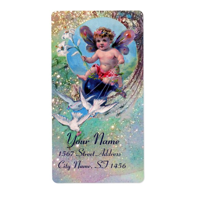 BABY FAIRY WITH DOVES IN SPARKLES blue green gold (Front)