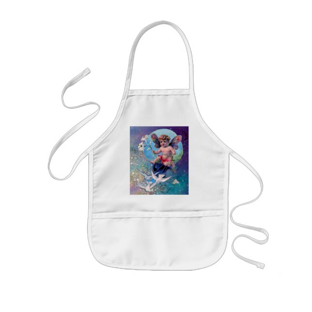 BABY FAIRY WITH DOVES IN SPARKLES blue green Kids Apron (Front)