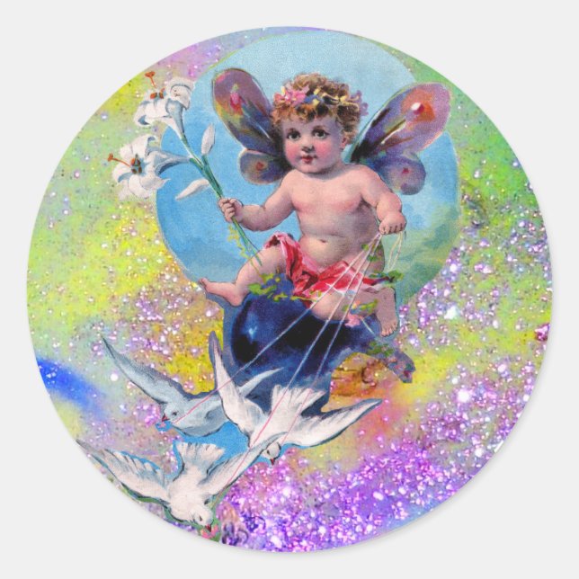 BABY FAIRY WITH DOVES IN SPARKLES blue pink green Classic Round Sticker (Front)