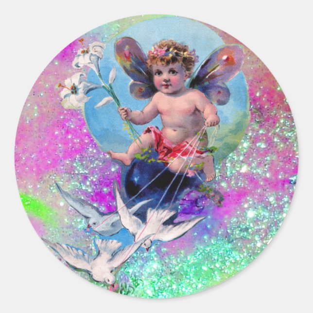 BABY FAIRY WITH DOVES IN SPARKLES blue pink violet Classic Round Sticker (Front)