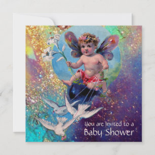BABY FAIRY WITH DOVES IN SPARKLES Champagne Invitation